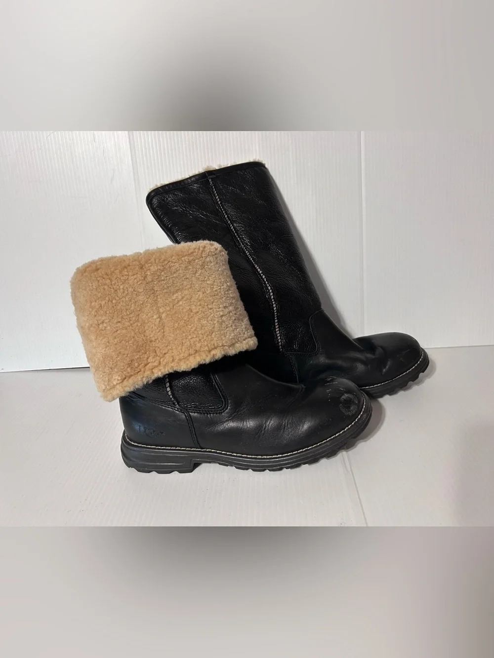 UGG SN 5490 black leather shearling tall boots winter snow women size 9
